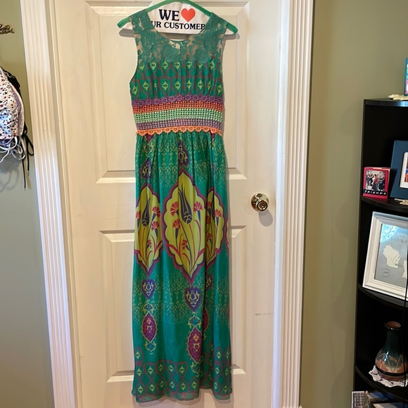 Anthropologie Hermant & Nandita Green Crochet Silk Maxi Dress Size 2 - Picture 1 of 12